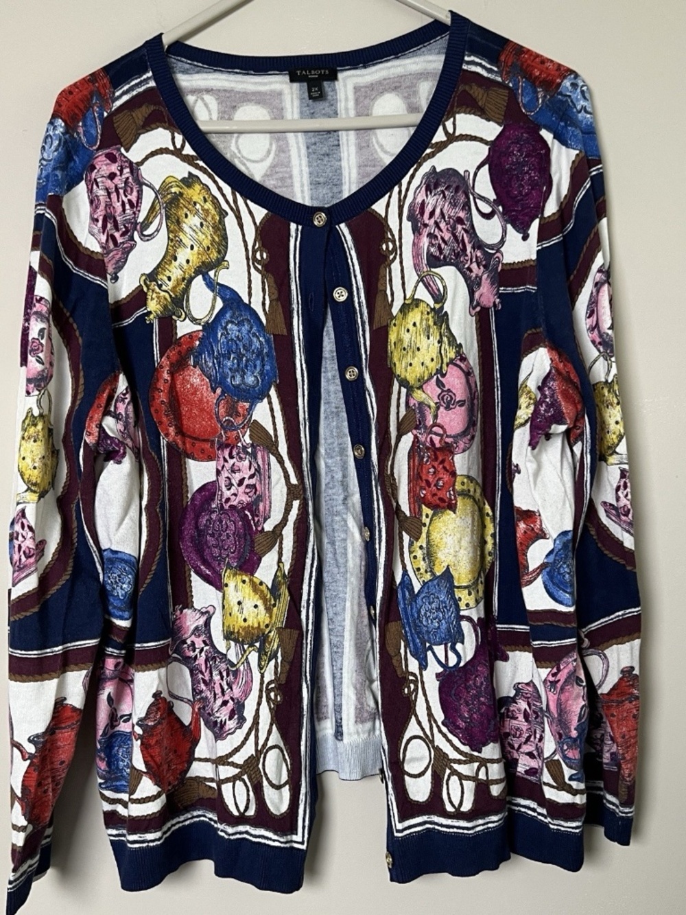 Talbots Tea Party Cardigan Sweater Woman's 2X Teapot Teacup Novelty Print